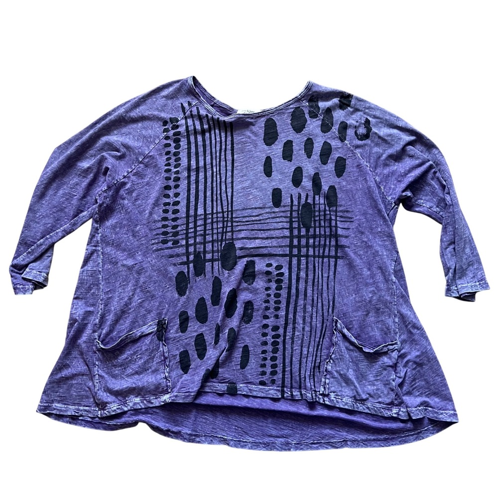 Jess & Jane Top Womens Plus 1X Purple Slub Graphic Pocket Boho Artsy Lagenlook